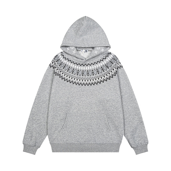Unisex Oversize Kapuzenpullover mit nordischem Rundpasse-Jacquard, Kängurutasche und Rippbündchen Echoarchiv