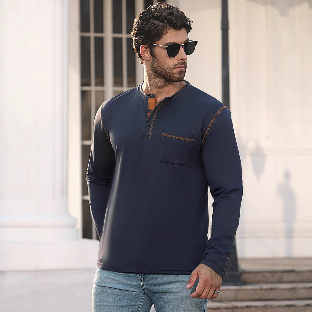 Herren nan Langarmshirt mit kurzer Knopfleiste Brusttasche und kontrastierenden Ziernähten Echo Archiv
