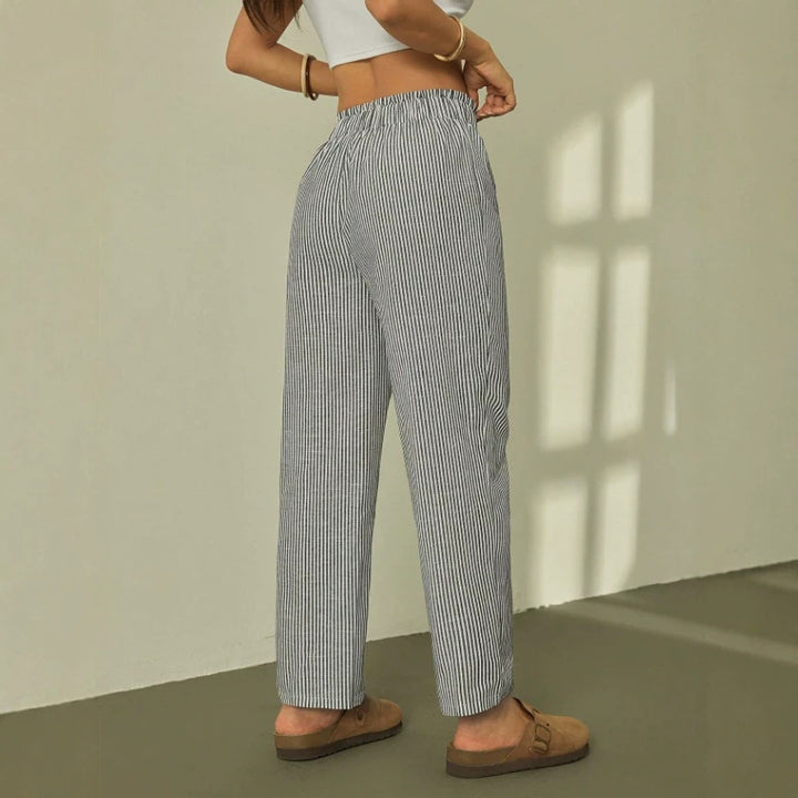 Damen Leinenoptik-Relaxhose mit High-Waist, Kordelzug und Nadelstreifen – Avélisse