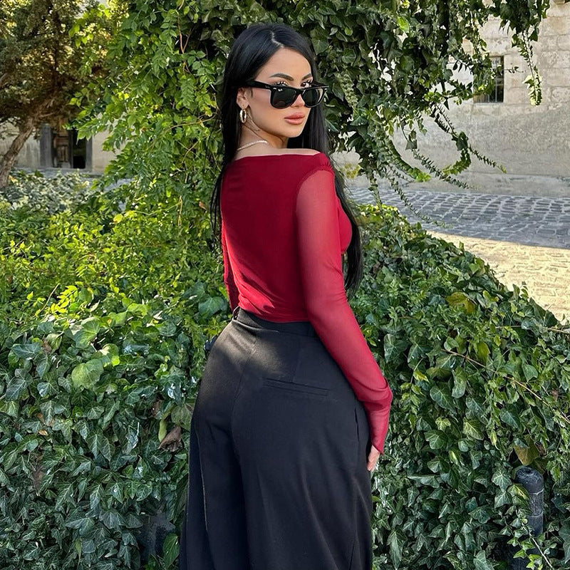Damen elegantes Wickelshirt mit schulterfreiem Design und transparenten Ärmeln Echo Archiv