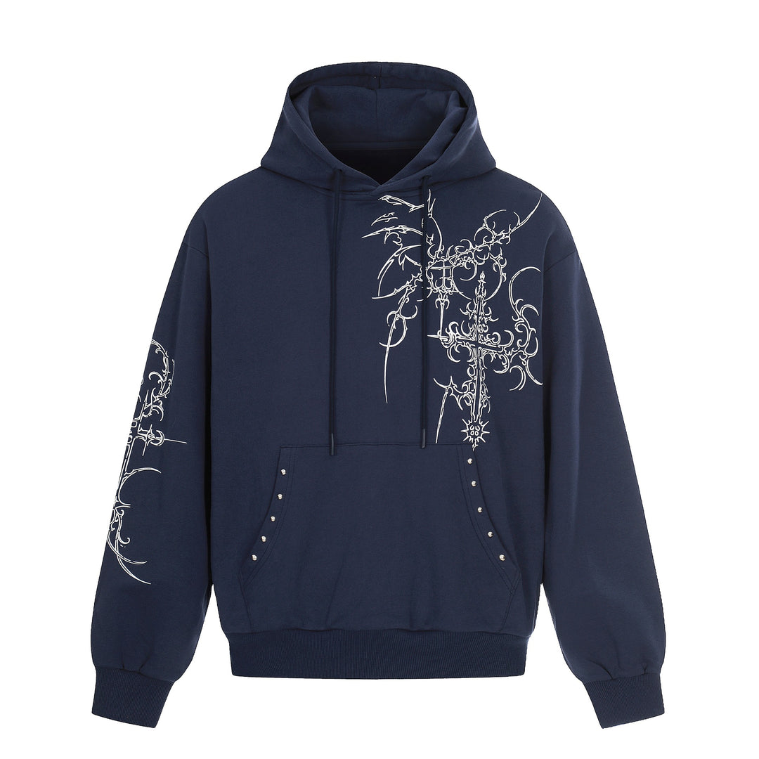 Herren Oversize Kapuzenpullover mit ornamentalem Kreuz‑Print und Nieten Echoarchiv
