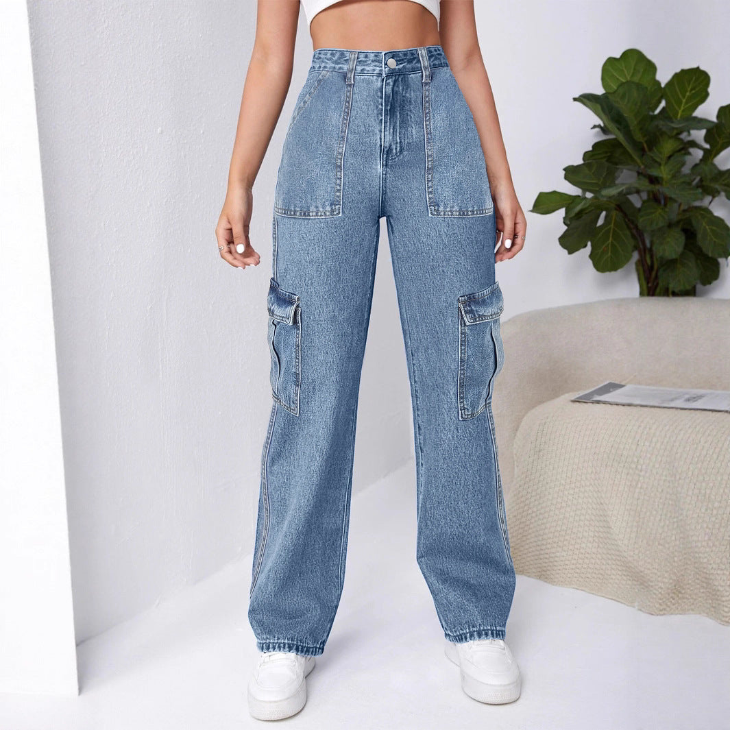 Damen Hochtaillierte Cargo-Weite-Jeans mit aufgesetzten Taschen und elastischem Saum Echo Archiv