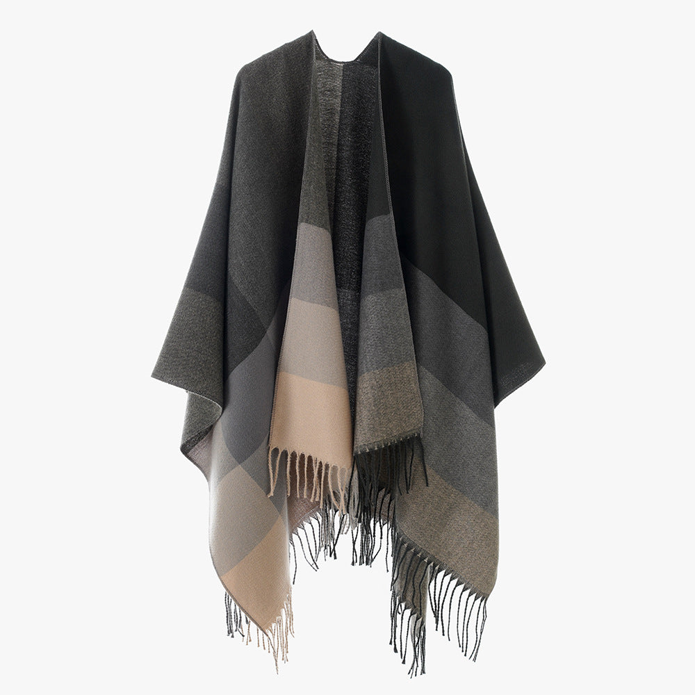 Damen Farbblock-Poncho aus Wollmix mit Fransensaum und asymmetrischem Schnitt – Avérine