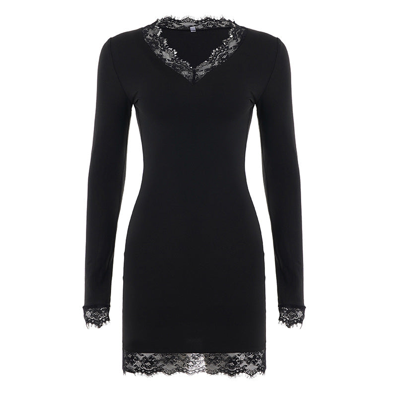 Damen nan figurbetontes Langarm-Midikleid mit tiefem V-Ausschnitt und floraler Spitzenkante Echo Archiv