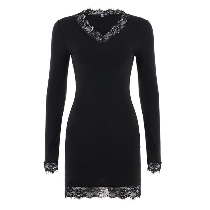 Damen nan figurbetontes Langarm-Midikleid mit tiefem V-Ausschnitt und floraler Spitzenkante Echo Archiv