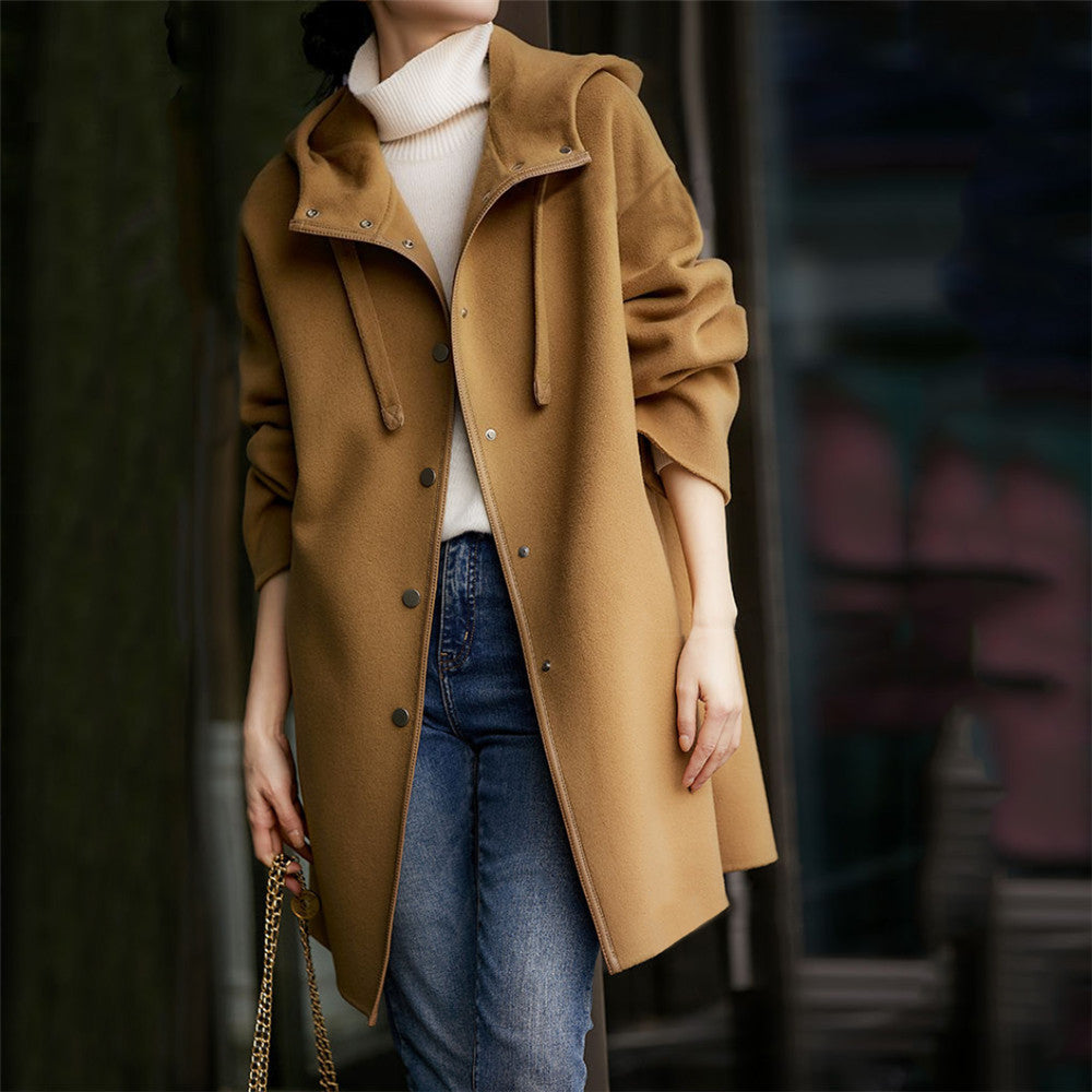 Damen nan midilanger Wollmixmantel mit Kapuze und Druckknopfleiste im Oversize-Schnitt Echo Archiv