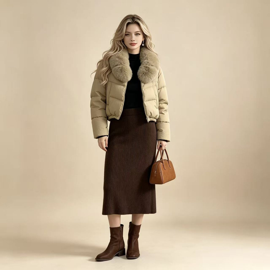 Damen nan kurze gesteppte Cropped-Pufferjacke mit voluminösem Kunstpelzkragen Echo Archiv