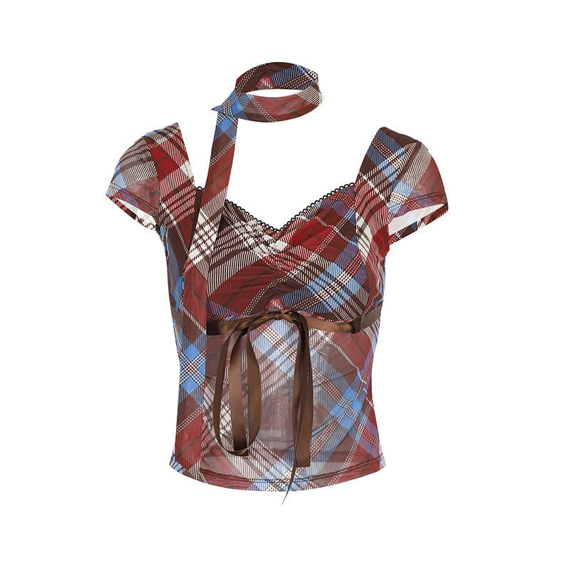 Damen Elegantes Karomuster-Bluse mit verstellbarem Bindegürtel und Spitzenakzenten Echo Archiv