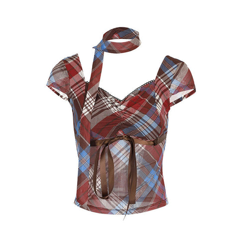 Damen Elegantes Karomuster-Bluse mit verstellbarem Bindegürtel und Spitzenakzenten Echo Archiv