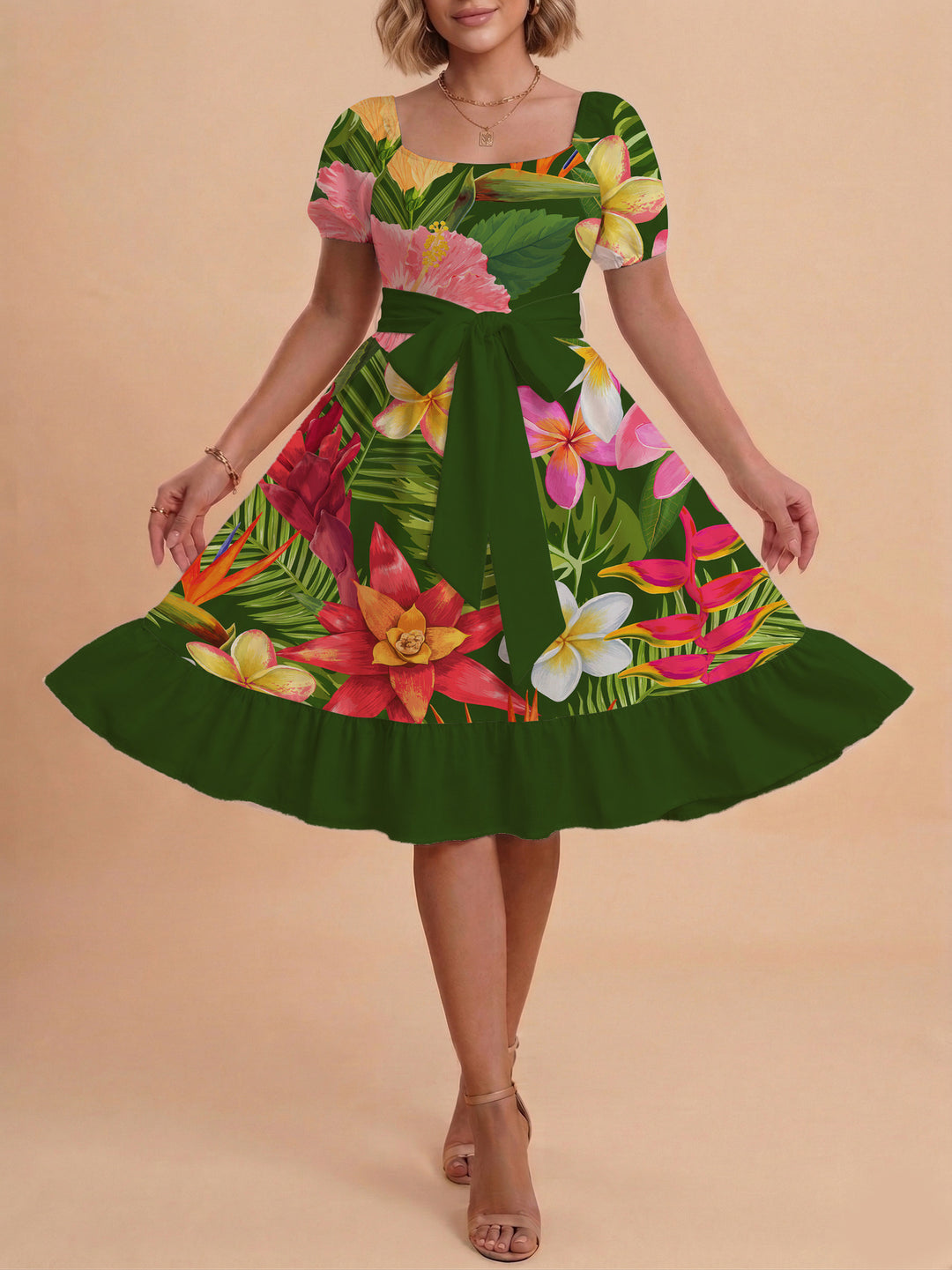 Damen modernes Blumenkleid mit elegantem Taillengürtel und asymmetrischem Saum Echo Archiv