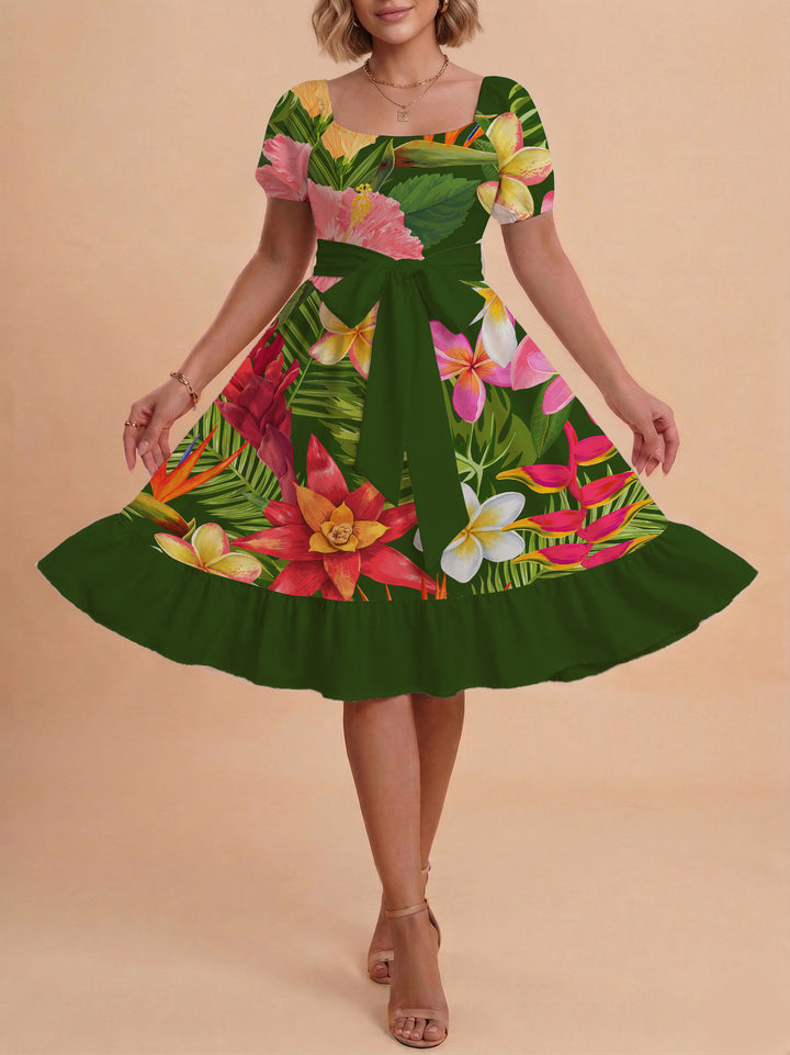 Damen modernes Blumenkleid mit elegantem Taillengürtel und asymmetrischem Saum Echo Archiv