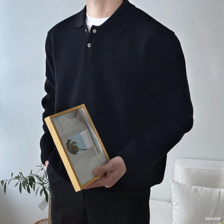 Herren Eleganter Strickpullover mit Stehkragen und Knopfleiste Echoarchiv