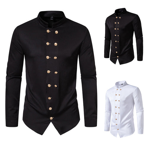 Herren elegantes Hemd mit modernem Stehkragen und goldenen Knöpfen Echoarchiv
