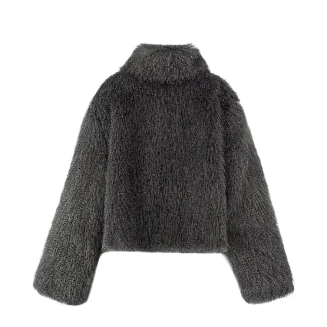 Damen kurzer Fauxfur Kurzblouson mit hohem Stehkragen, kurzem Boxy-Schnitt und langfloriger Kunstfelloptik – Avérine
