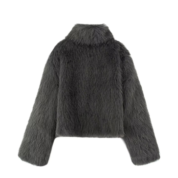 Damen kurzer Fauxfur Kurzblouson mit hohem Stehkragen, kurzem Boxy-Schnitt und langfloriger Kunstfelloptik – Avérine
