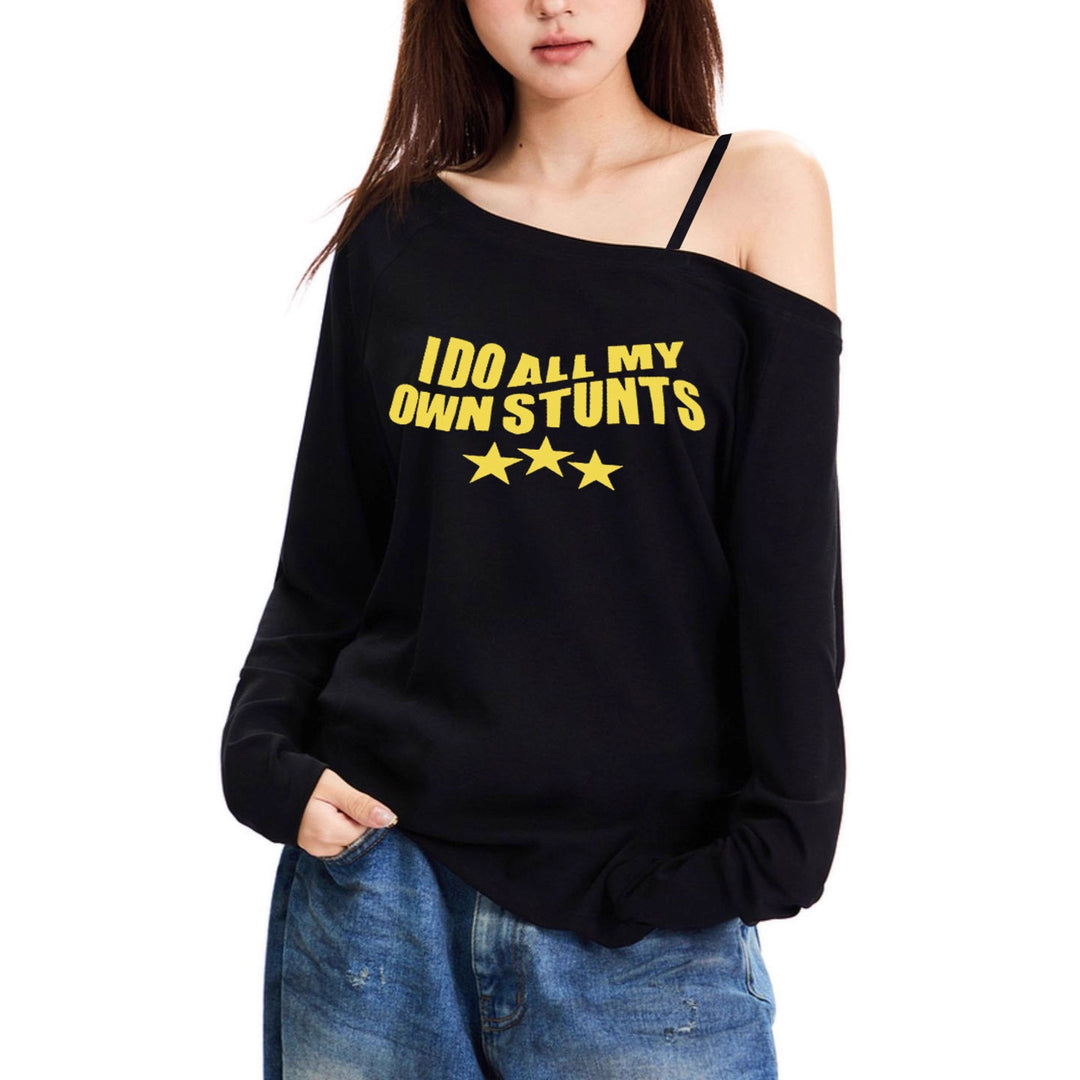 Damen nan lässiges asymmetrisches Off-Shoulder Langarmshirt mit auffälligem Statement-Print und lockerer Oversize-Passform Echo Archiv