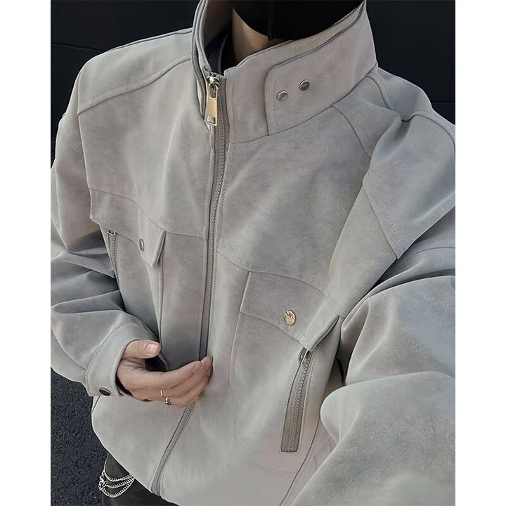 Herren Oversized Wildleder-Optik Utility-Jacke mit hohem Stehkragen Echoarchiv