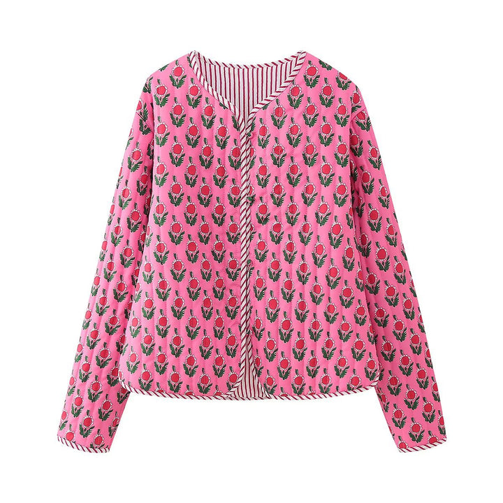 Damen Gepolsterte gesteppte Blusenjacke mit floralem Allover‑Print und Kontrastpaspel Echo Archiv