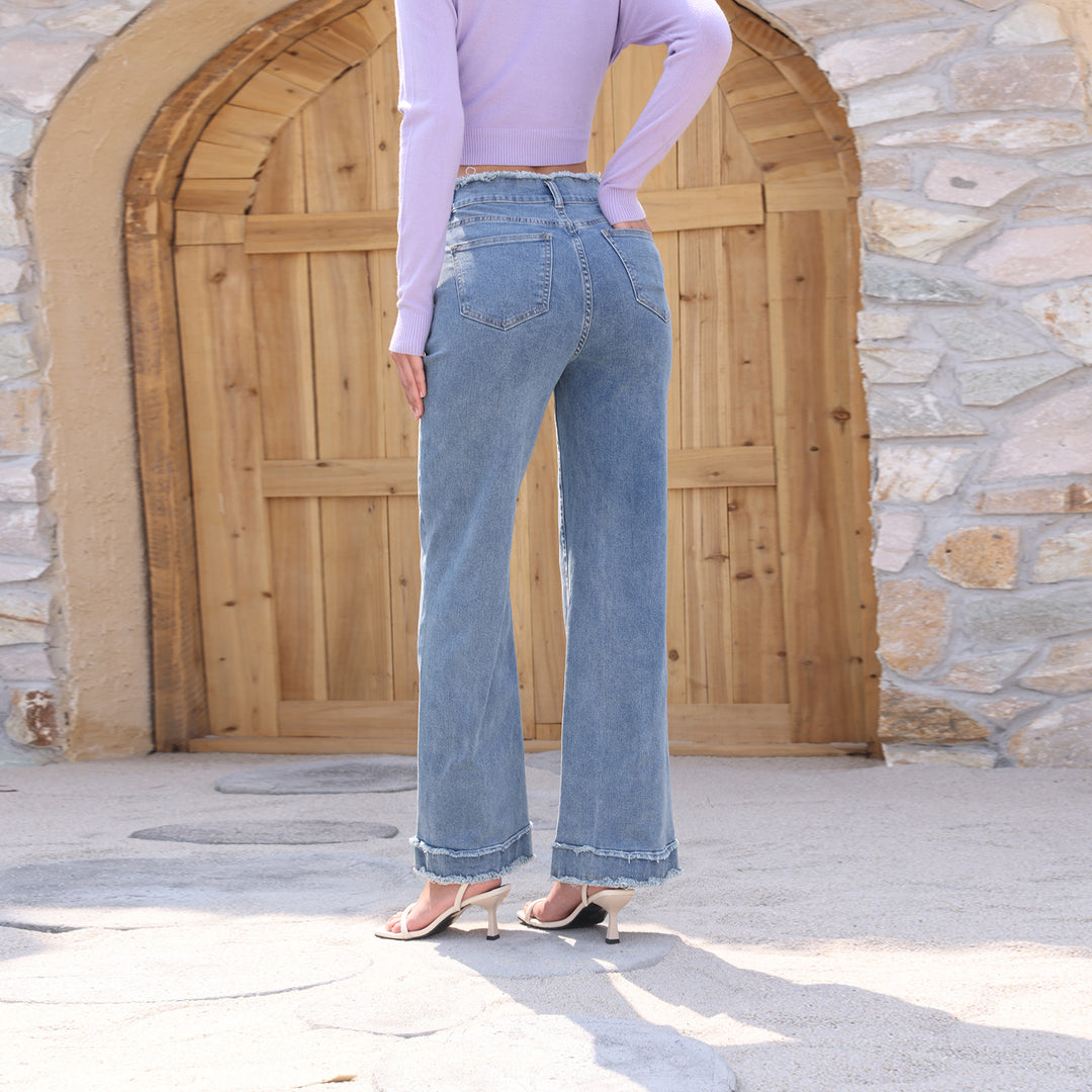 Damen Hochtaillierte Denim-Hose mit ausgefranstem Bund und weitem Bein Echo Archiv