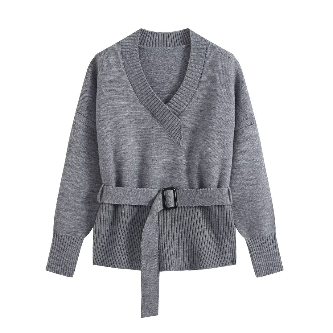 Damen Strick-Set mit V‑Ausschnitt, Taillengürtel und weiten Culotte-Hosen Echo Archiv