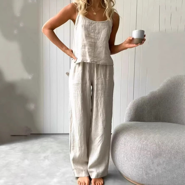 Damen lässiges Leinen-Set mit Trägershirt und weiten Hosen Echo Archiv
