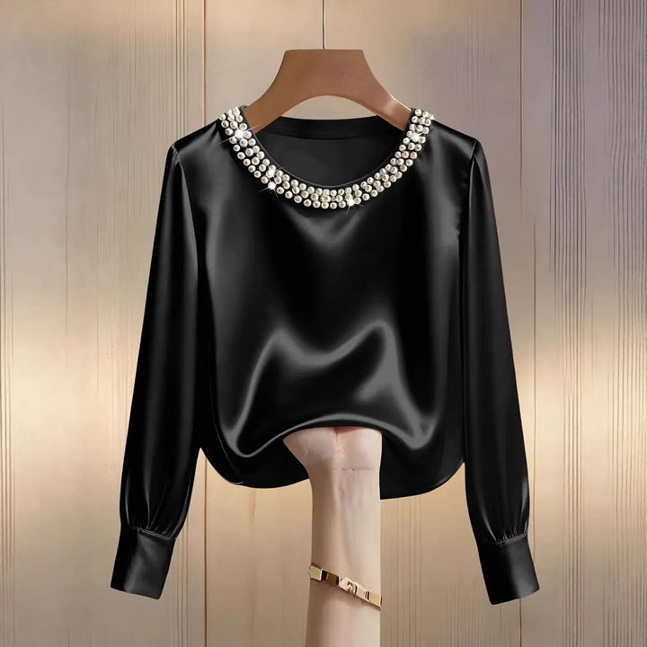 Damen elegante satinierte Bluse mit Perlenkragen Echo Archiv