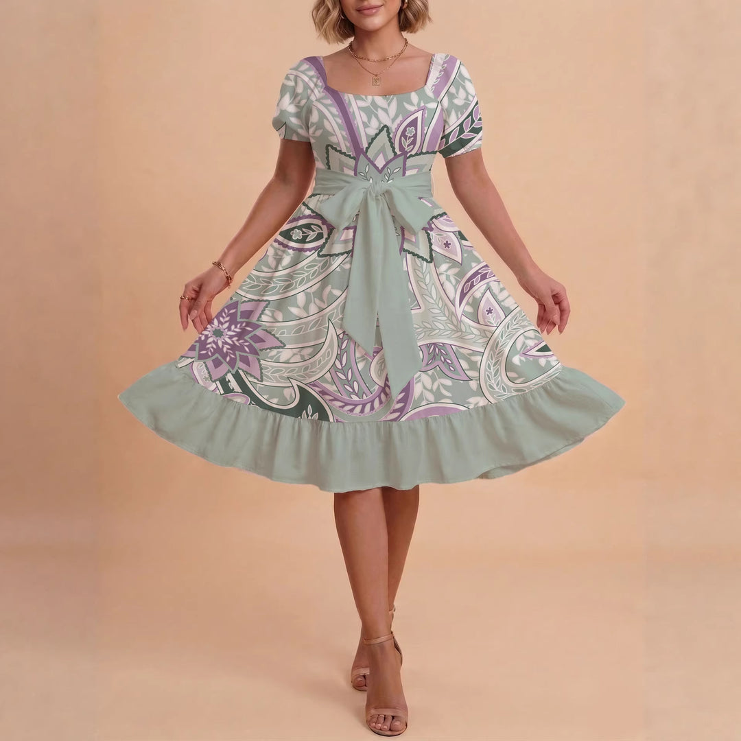 Damen modernes Blumenkleid mit elegantem Taillengürtel und asymmetrischem Saum Echo Archiv