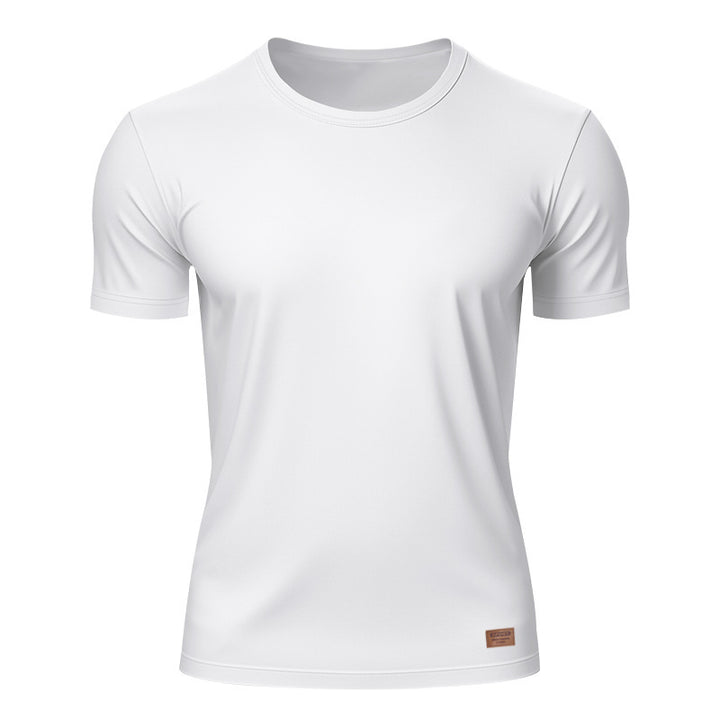 Herren nan schlankes Rundhals-T-Shirt aus glattem Stretchjersey mit dezenter Leder-Logoapplikation Echo Archiv