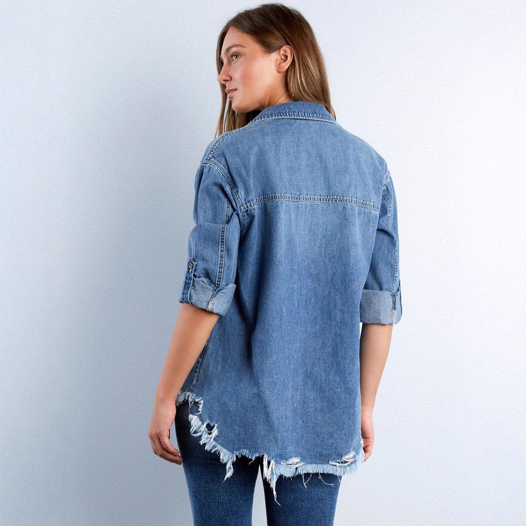 Damen nan lässige Denim-Hemdjacke Oversize mit aufgesetzten Brusttaschen, Herz-Stickdetail und ausgefranstem Saum Echo Archiv