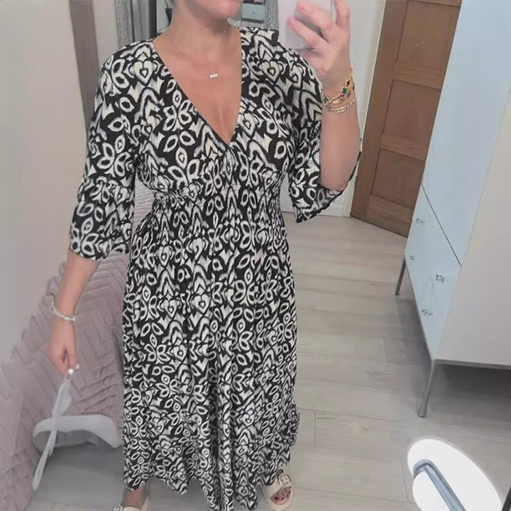 Damen Boho‑Maxikleid mit Smoktaillenband, Wickeloptik‑Dekolleté und Volantärmeln – Valéora