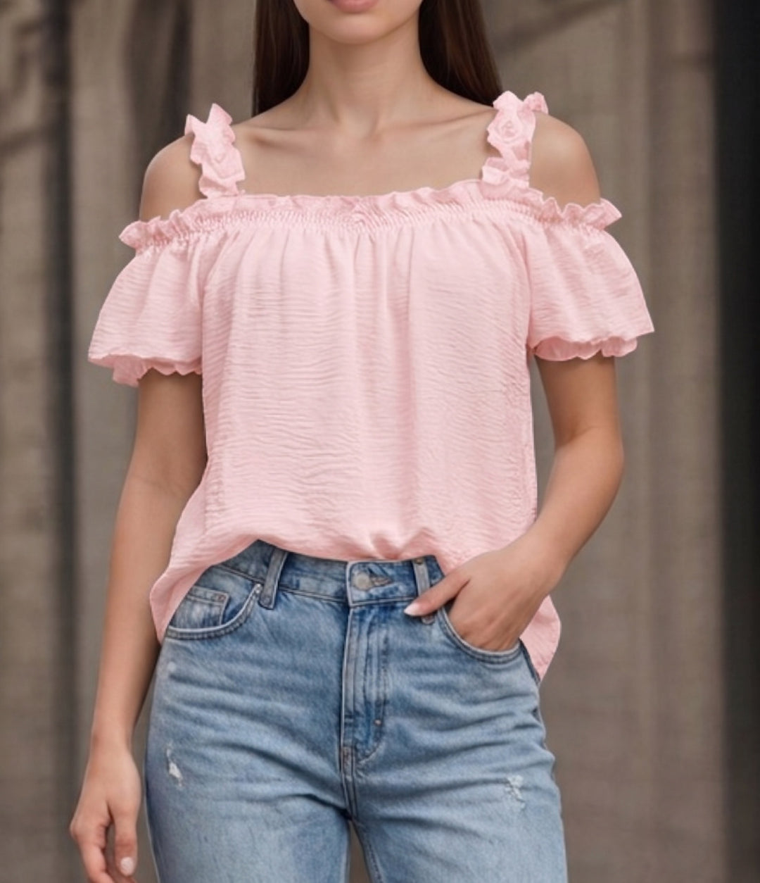 Damen Schulterfreies Crinkle-Top mit Smok-Bandeau, Rüschen‑Trägern und Flügelärmeln Echo Archiv