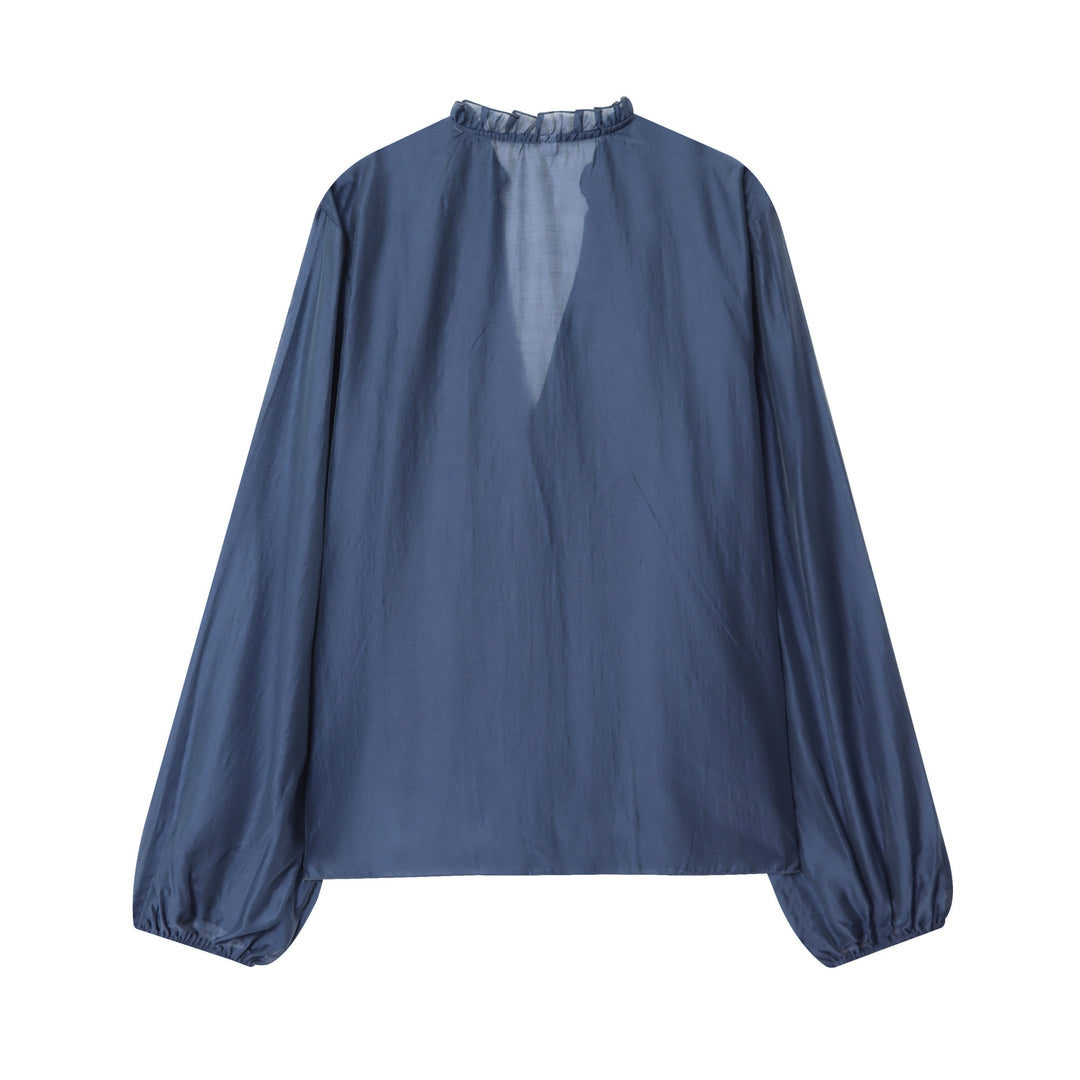 Damen seidige Rüschenbluse mit Stehkragen, Volantfront und Ballonärmeln – Élovi