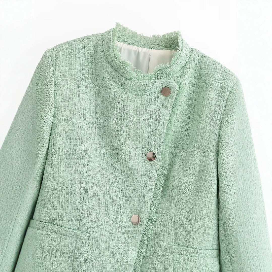 Damen Kurz geschnittene Bouclé-Tweedjacke mit Fransenbesatz und Rundhalsausschnitt Echo Archiv