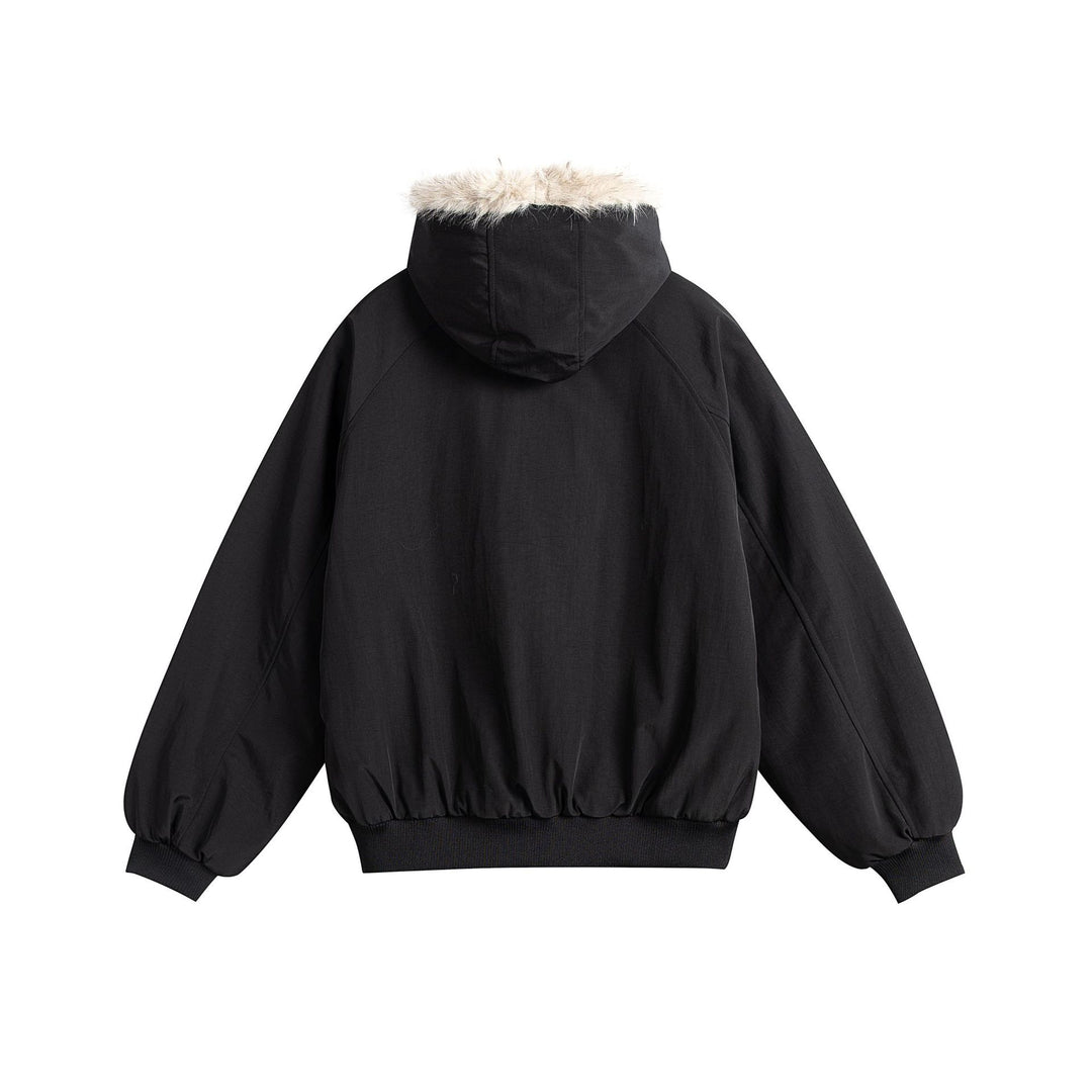 Damen Oversize-Bomberjacke mit kunstfellbesetzter Kapuze und Raglanärmeln Echoarchiv