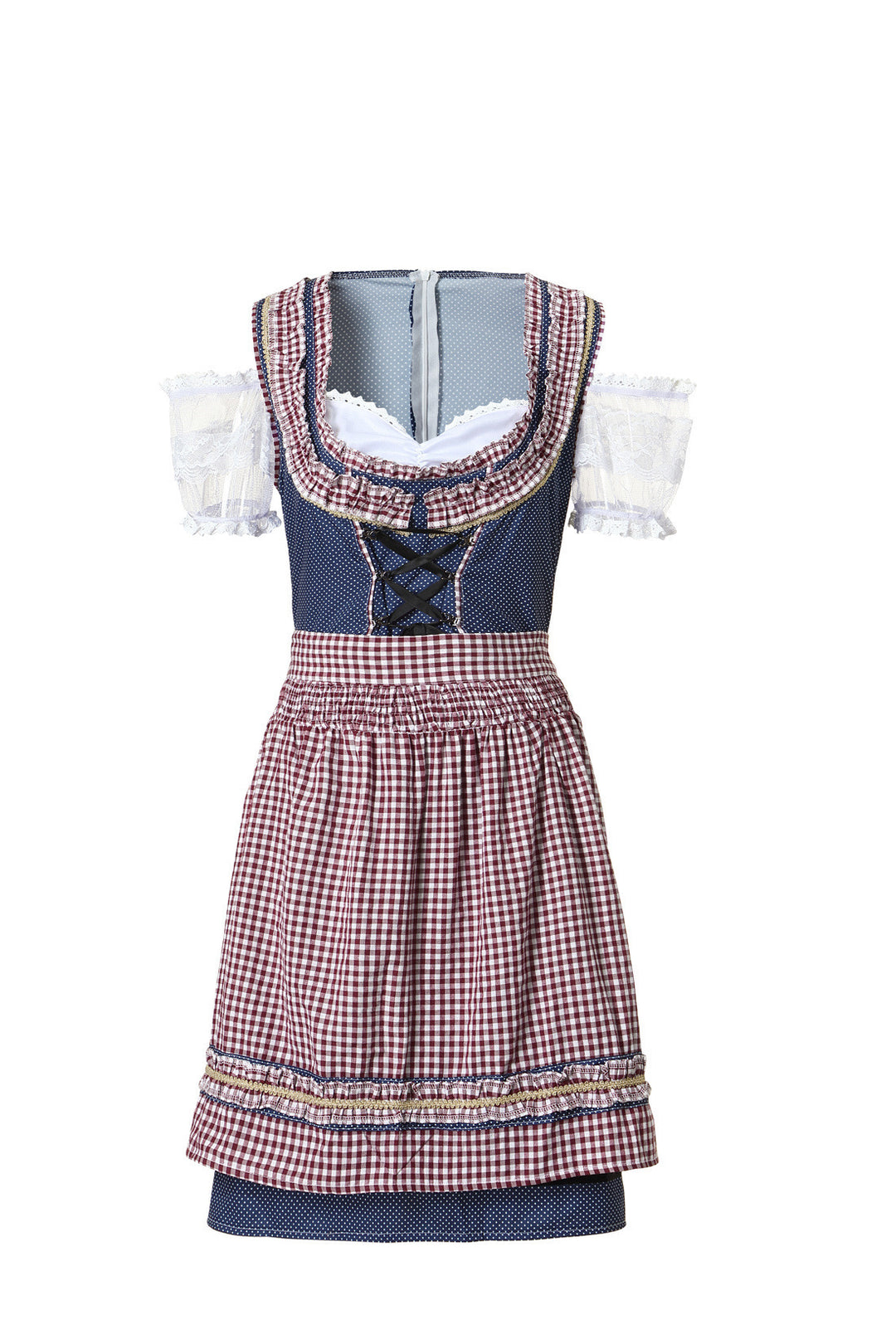 Damen nan traditionelles Trachtenkleid mit Schnürmieder, Spitzenärmeln und karierter Schürze Echo Archiv
