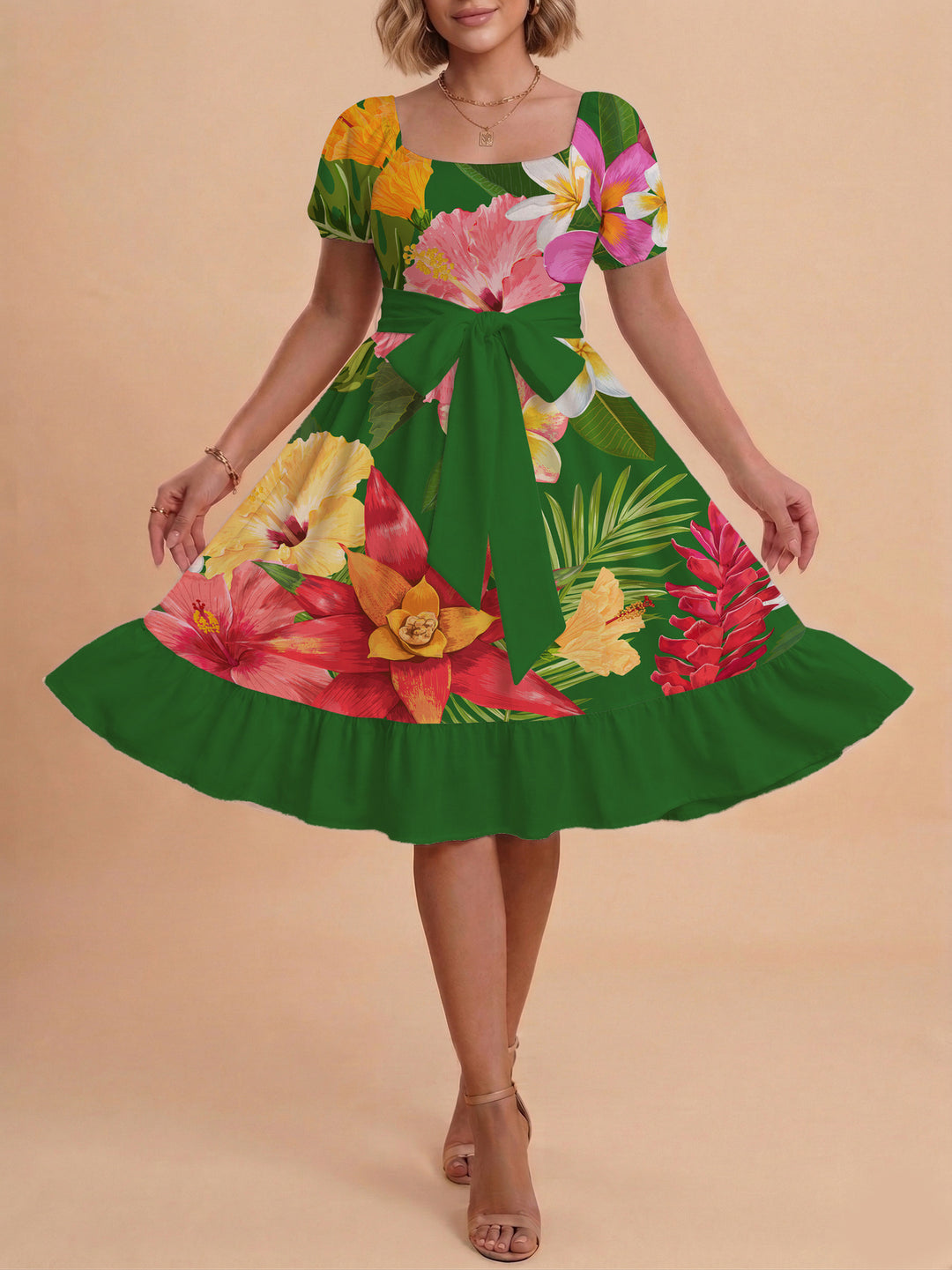 Damen modernes Blumenkleid mit elegantem Taillengürtel und asymmetrischem Saum Echo Archiv