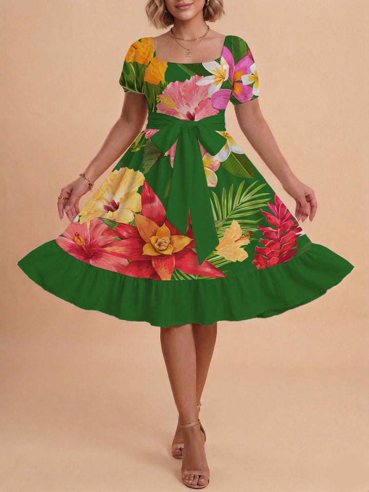 Damen modernes Blumenkleid mit elegantem Taillengürtel und asymmetrischem Saum Echo Archiv