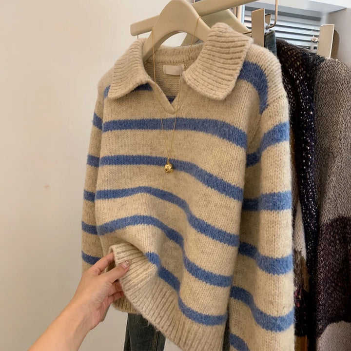 Damen nan kuscheliger Oversize-Strickpullover mit Polokragen und breiten Streifen Echo Archiv