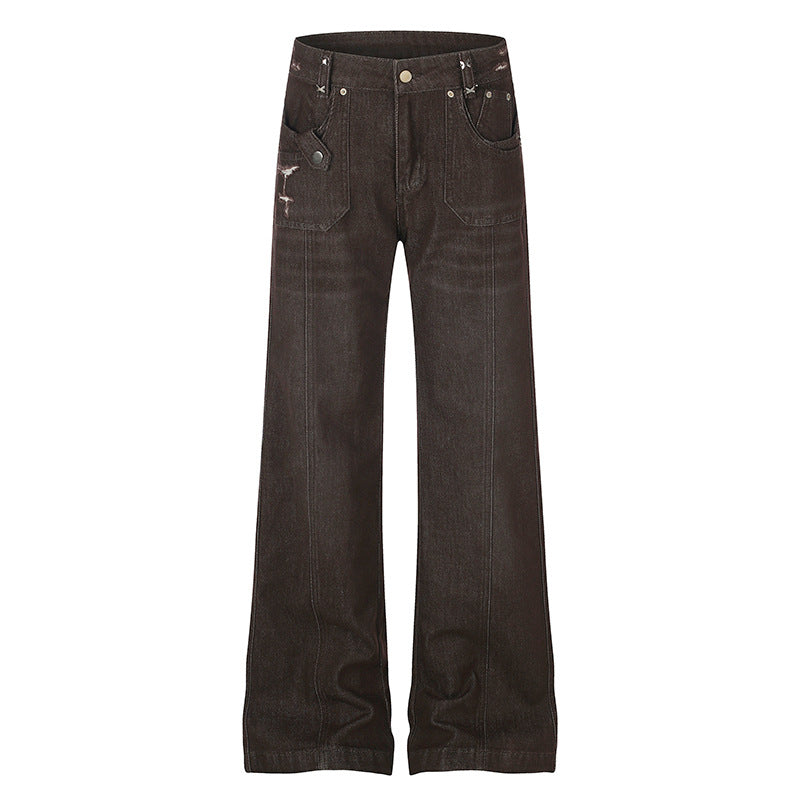 Damen Weite High‑Waist Denimhose mit geradem Bein und Utility‑Pattentaschen Echoarchiv