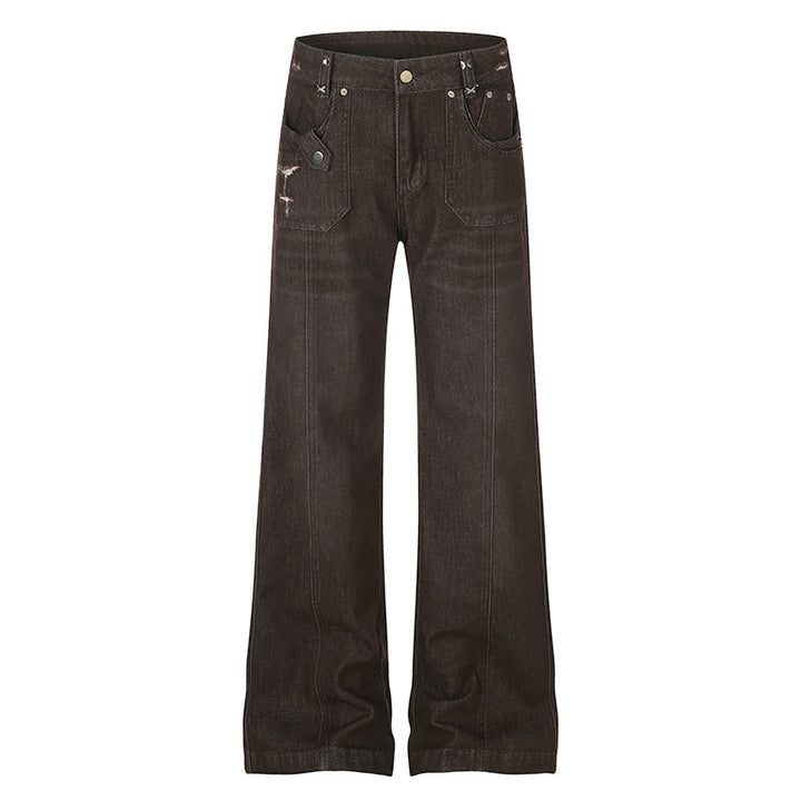 Damen Weite High‑Waist Denimhose mit geradem Bein und Utility‑Pattentaschen Echoarchiv