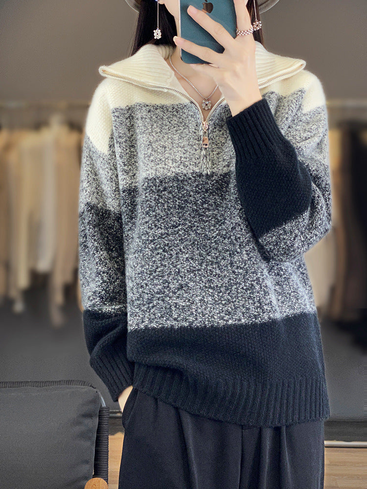 Damen Oversize-Strickpullover mit halbem Zip, meliertem Blockstreifen und weichem Flor Echoarchiv
