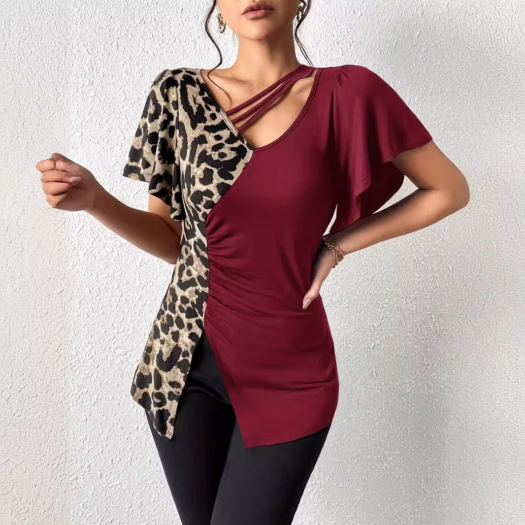 Damen nan asymmetrische Stretch-Tunika mit Leopardenprint-Seiteneinsatz und Mehrfachträgern Echo Archiv