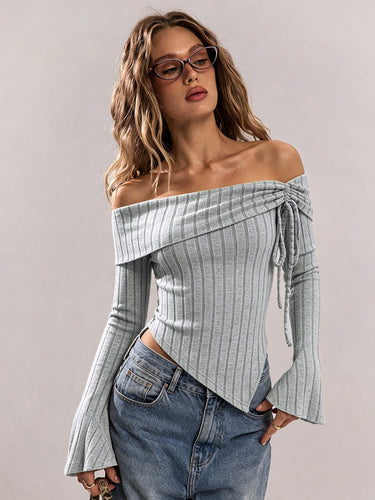 Damen schulterfreies geripptes Strick-Top mit asymmetrischem Zipfelsaum und Schnürdetail – Avérine