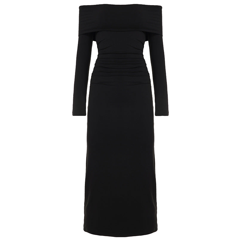 Damen nan figurbetontes Off-Shoulder-Maxikleid mit langen Ärmeln und Kontrastpaspeln Echo Archiv