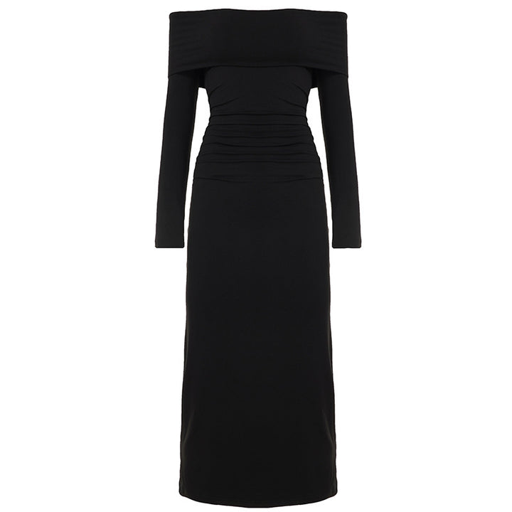 Damen nan figurbetontes Off-Shoulder-Maxikleid mit langen Ärmeln und Kontrastpaspeln Echo Archiv