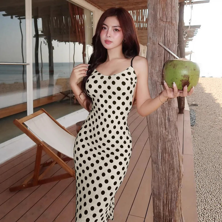 Damen Polka-Dots Maxikleid mit Spaghettiträgern und elegantem Schnitt Echo Archiv