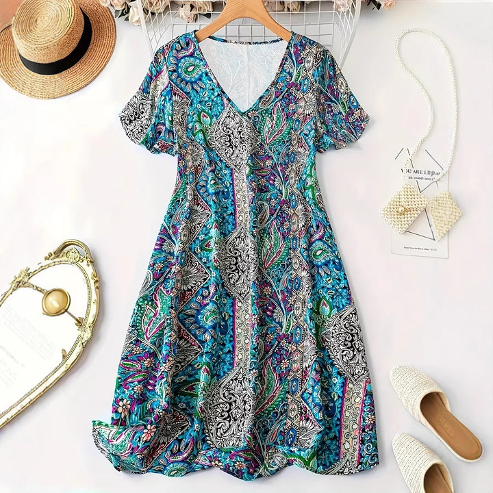 Damen Maxikleid mit V-Ausschnitt und buntem Paisleymuster Echo Archiv