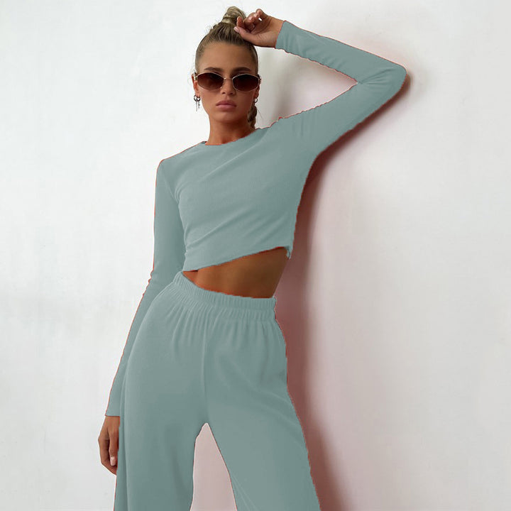 Damen nan geripptes Cropped-Longsleeve mit weiter High-Waist-Loungehose Set Echo Archiv