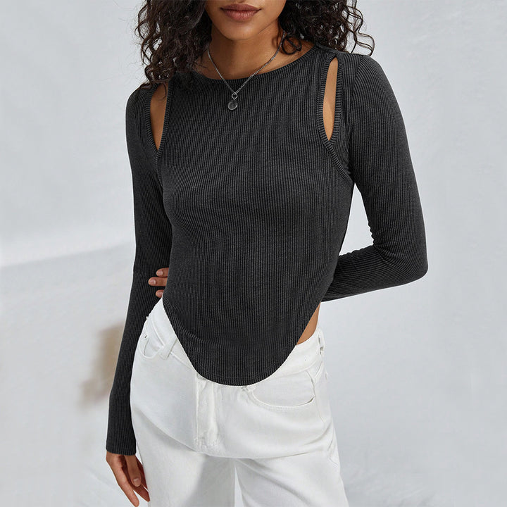 Damen geripptes Langarmshirt mit Cut-Out-Schultern und asymmetrischem Saum – Avérine