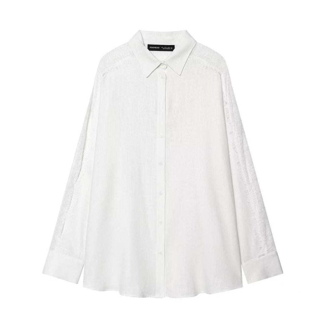 Damen Oversize Leinenbluse mit Spitzeneinsatz an Ärmeln und verdeckter Knopfleiste Echoarchiv